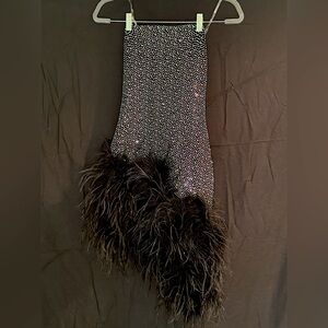Black body-con rhinestone dress with feather skirt - size small